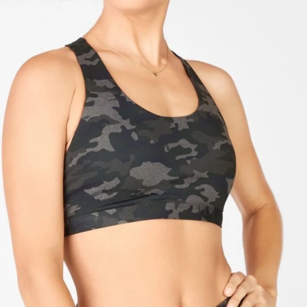 Fabletics | Racerback Camo Athletic Sports Bra in Camo Grey